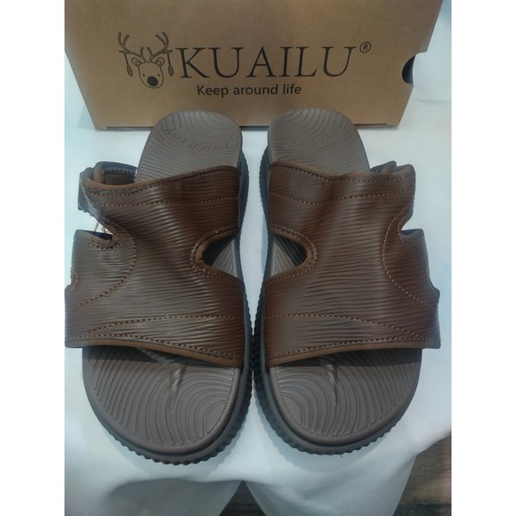 Kuailu Shoes - KuaiLu Womens Slides Sandals Brown Comfort Buckle KW9Y6 US 8 EU 38.5